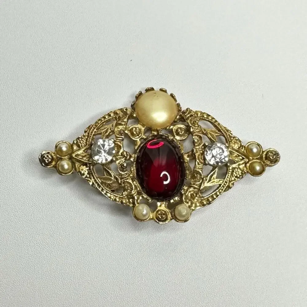 Vintage Red Gem Pearl Brooch Victorian Style Pin Gold Filigree with Crystals
